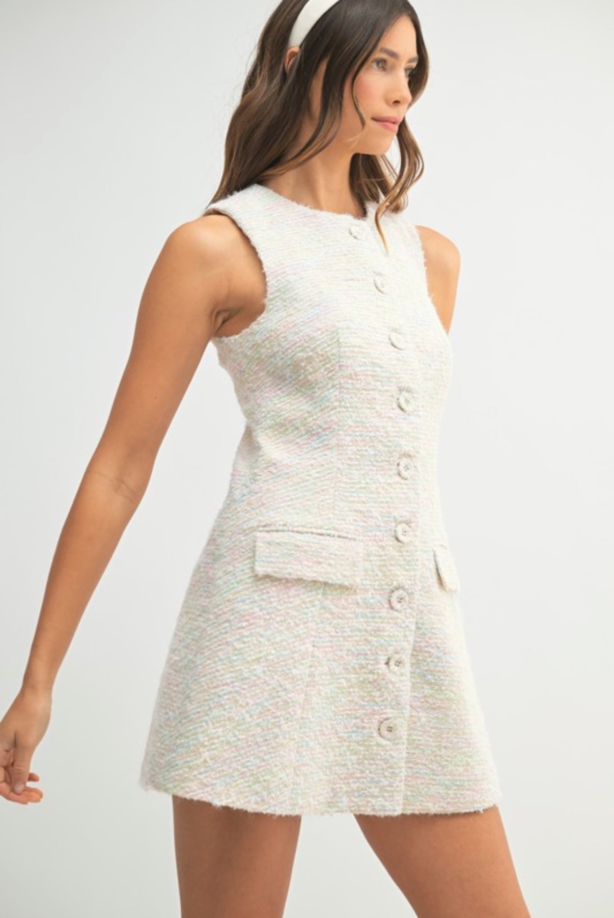 Button Front Tweed Mini Dress