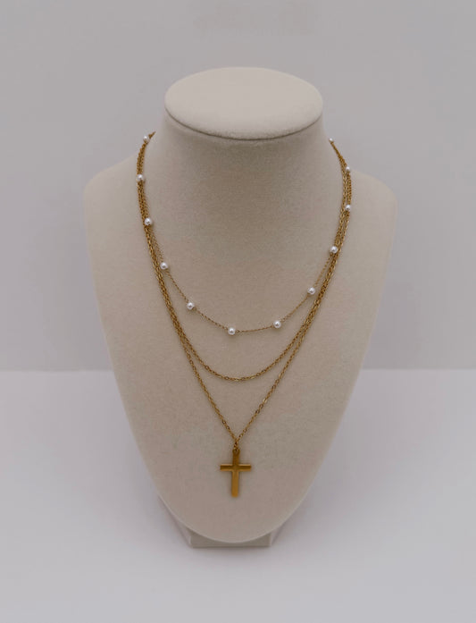 Layered Cross and Pearl Necklace