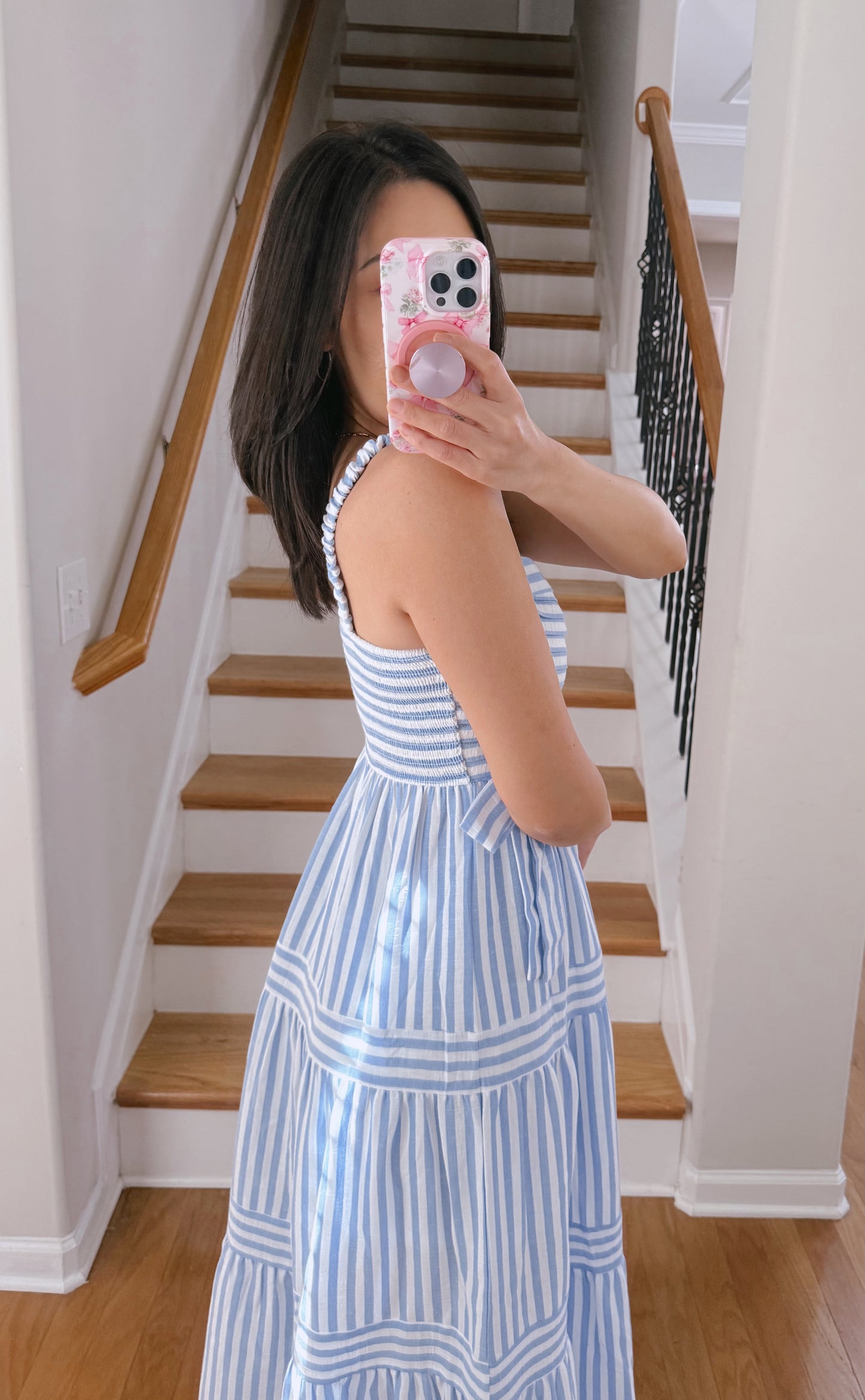 Stripe Bow Detail Tiered Midi Dress