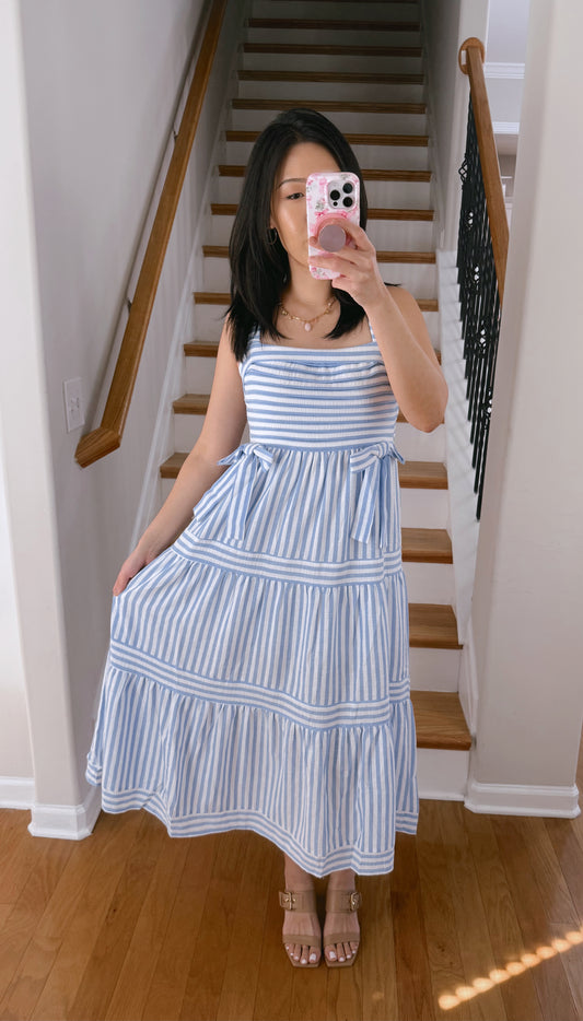 Stripe Bow Detail Tiered Midi Dress